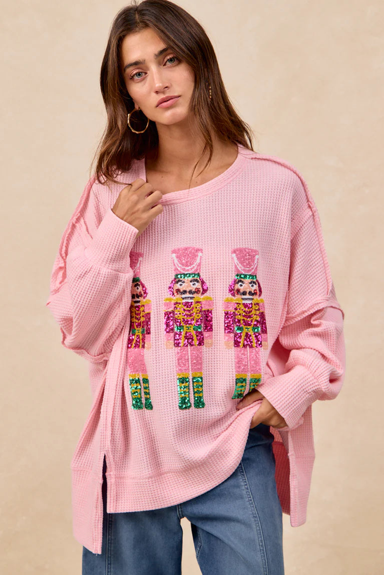 Bibi Pink Christmas Sequin Nutcrackers Embroidery Sweatshirt