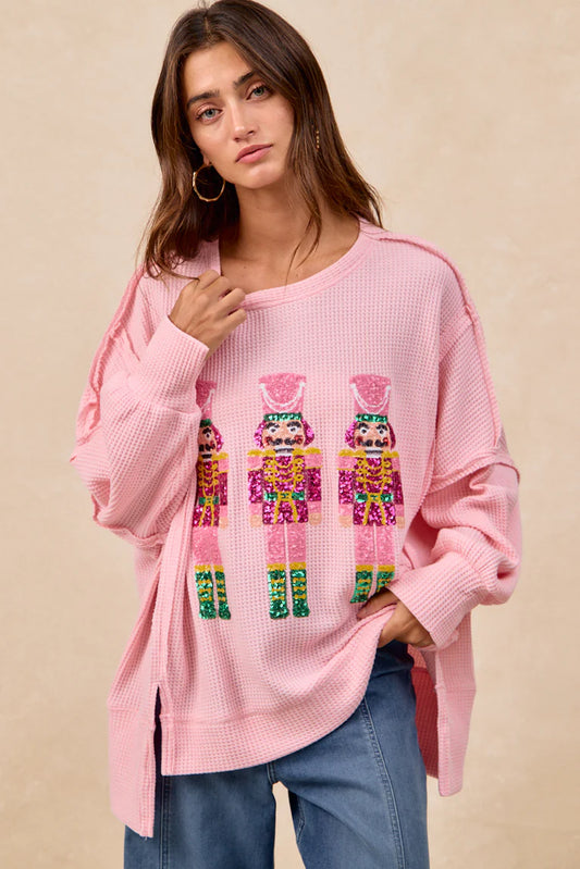Bibi Pink Christmas Sequin Nutcrackers Embroidery Sweatshirt
