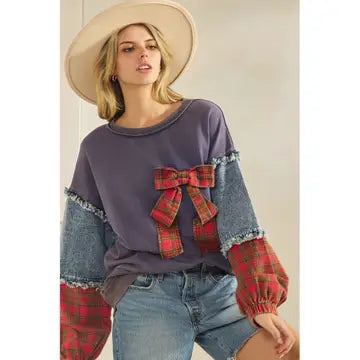 Plaid Bow Denim Sleeve Pullover