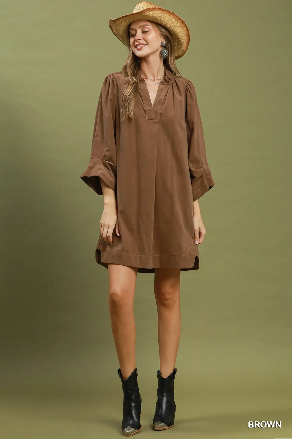 Corduroy Split Neck Puff Sleeve Dress